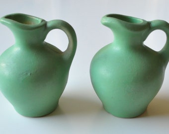 Small Green Pottery Pitcher / Vase Set