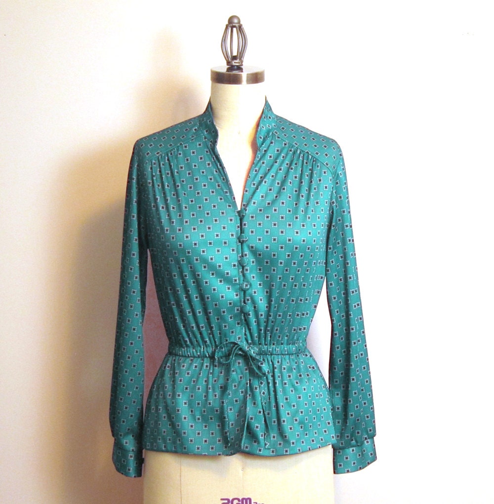 1970s Jade green blouse with drawstring waist and by RecentHistory