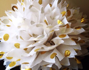 1 Gold Polka Dot Tissue Paper Pom Pom, Metallic Gold Polka Dots, Gold Pom Pom, Hanging pom pom, wedding pom, party decor, gold and white