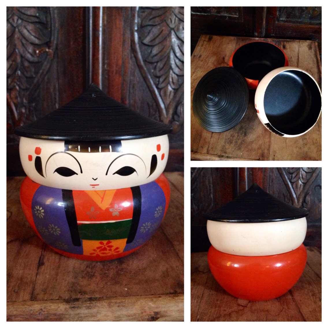 Vintage Japanese Kokeshi Doll Bento Lunch Box, Bowl, Collectible Figure