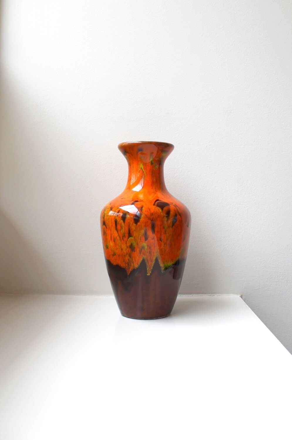 Atomic Orange Drip Glaze Vase Large Pottery Mid Century California