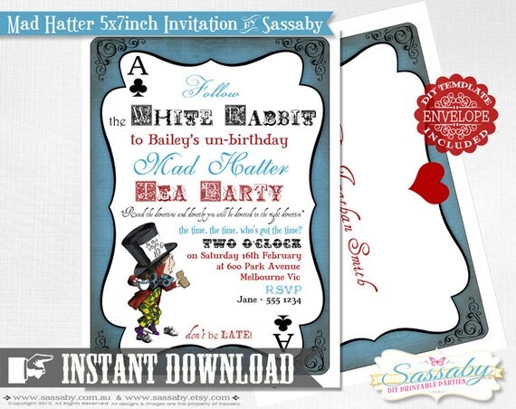 DIY Mad Hatter Tea Party- Alice in Wonderland - INSTANT DOWNLOAD - Editable & Printable Birthday Invitation by Sassaby Il_570xn