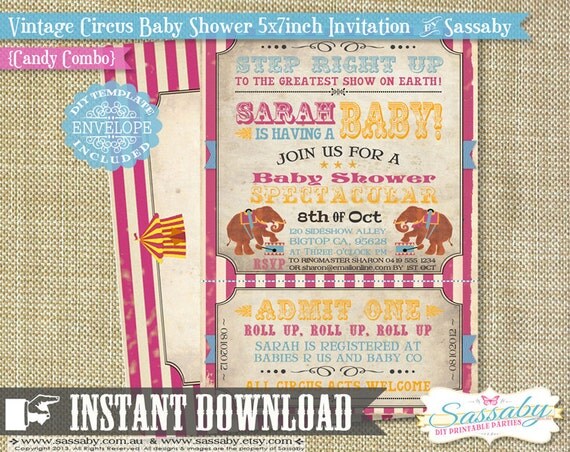 DIY Vintage Circus Baby Shower Invitation - INSTANT DOWNLOAD - Candy Combo Editable & Printable File by Sassaby Il_570xn