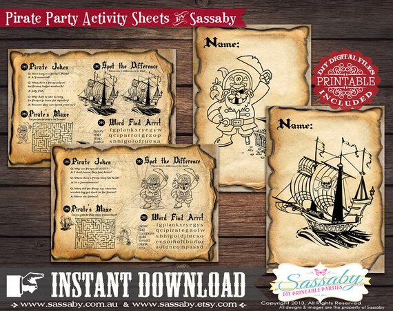 Pirate Birthday Activity & Coloring Sheets/Placemats - INSTANT DOWNLOAD - Birthday Party Decorations by Sassaby Il_570xn
