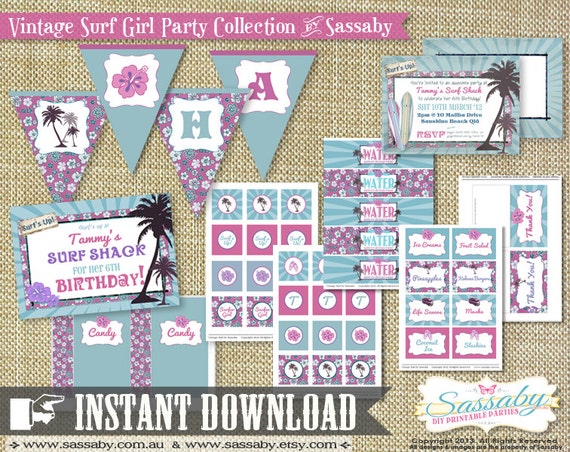 Vintage Surfer Girl Party Collection - INSTANT DOWNLOAD - Editable & Printable Birthday Party Decorations by Sassaby Il_570xn