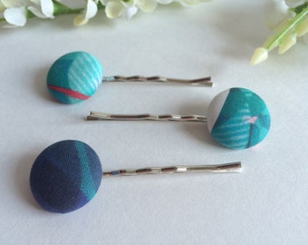 CLEARANCE SALE Fabric Button bobby pins Teal Hair Pins - made with buttons - set of 3