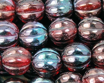 Siam Ruby Vega Czech Glass Bead 8mm Melon Round : 25 pc