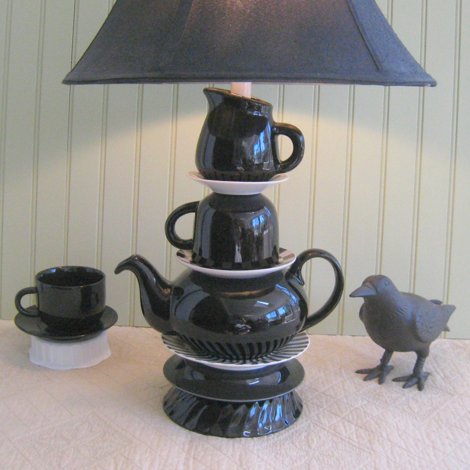 Teapot Lamp Black Teapot Tea Cup and Creamer by ThistleandJug