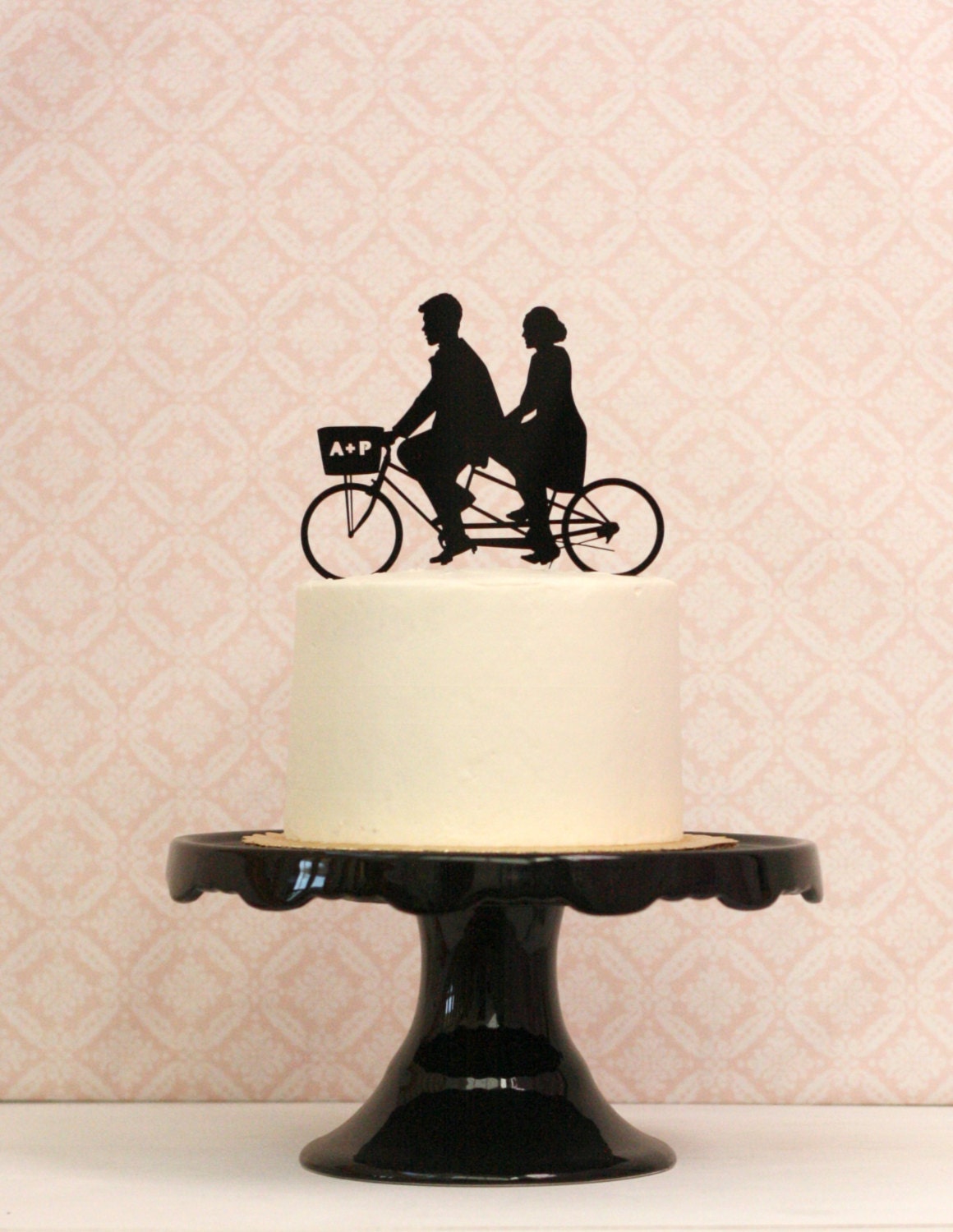 Custom Bike Wedding Cake Topper with Silhouettes on a Tandem