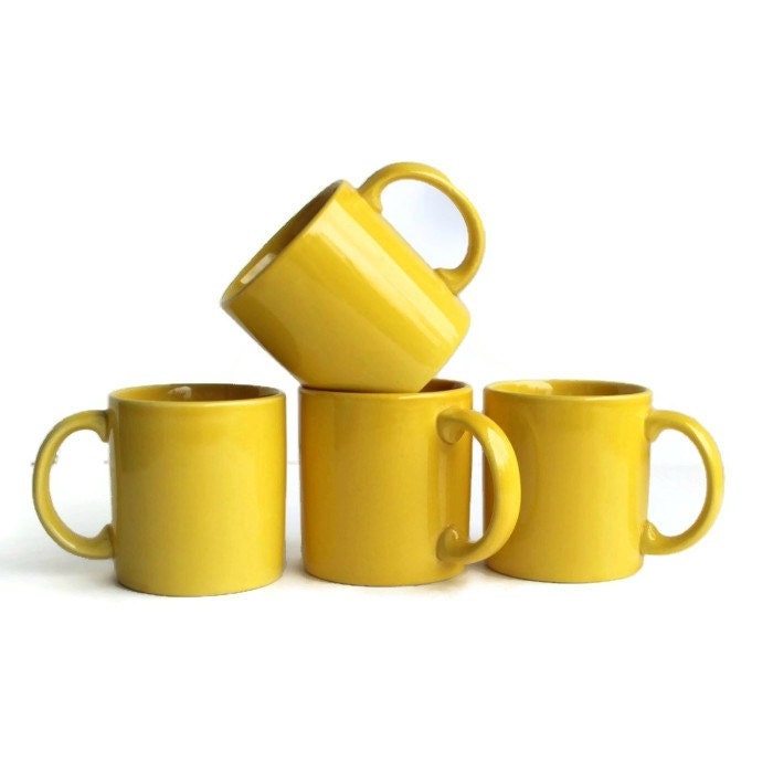 Four Sunny Yellow Coffee Mugs GHC England Ceramic Coffee Cups
