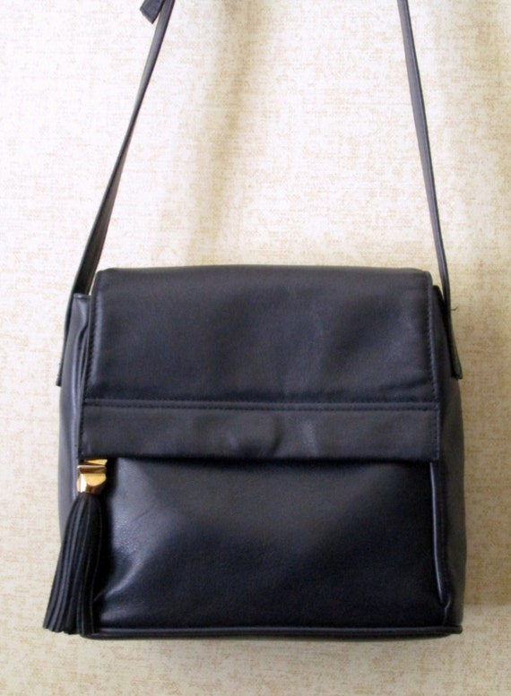 vintage leather crossbody bag - navy blue shoulder bag with long strap ...