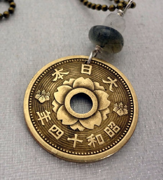 Antique Japanese flower coin necklace 10 sen by FindsAndFarthings