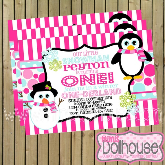 Winter ONE-derland Invitation- Snowman Invitation- Winter Wonderland Penguin Birthday invitation PDF/JPEG Il_570xn