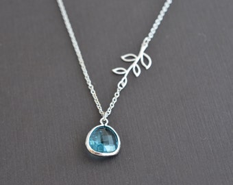 10% 0FF, Aquamarine necklace, Branch necklace, Silver necklace, Wedding necklace, Tiny necklace, Bridal necklace, Gift for her,Leaf necklace