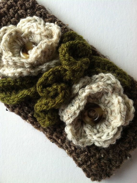 Crochet Women's or Child's Headwarmer in Brown and Tan, Crochet Headwarmer, Winter Hat, Accessories, Headwarmer with Flowers