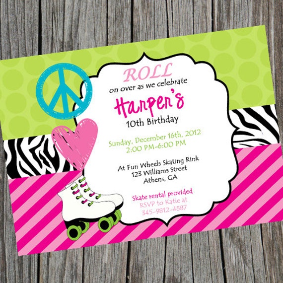 Printable Roller Skating Party Invitation. Peace, Love & Skate Printable Party Invitation. Il_570xn