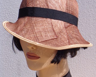 Retro hat, brown and black sinamay cloche, 1920s inspired hat, art deco fashion