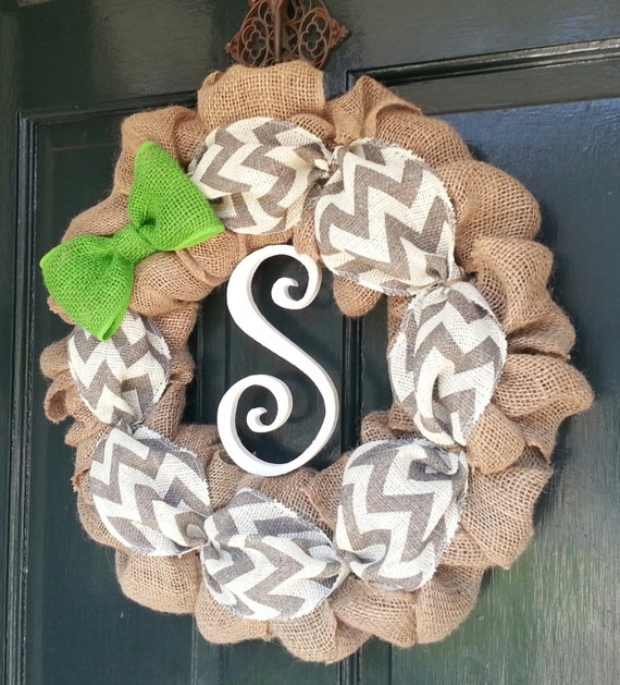 Burlap Wreath With Gray Chevron Burlap And Green Burlap Bow 