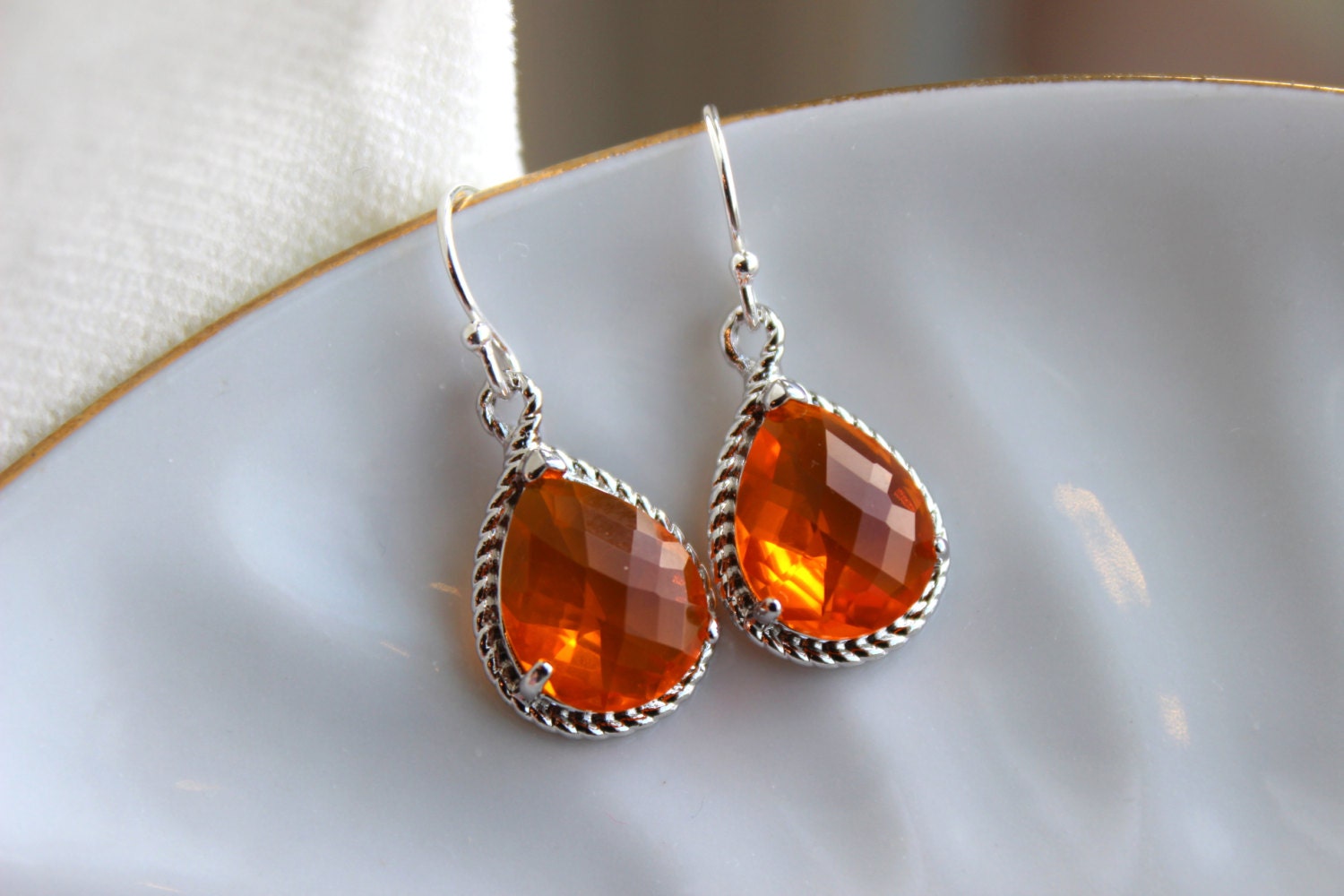 Silver Burnt Orange Earrings Amber Jewelry Tangerine