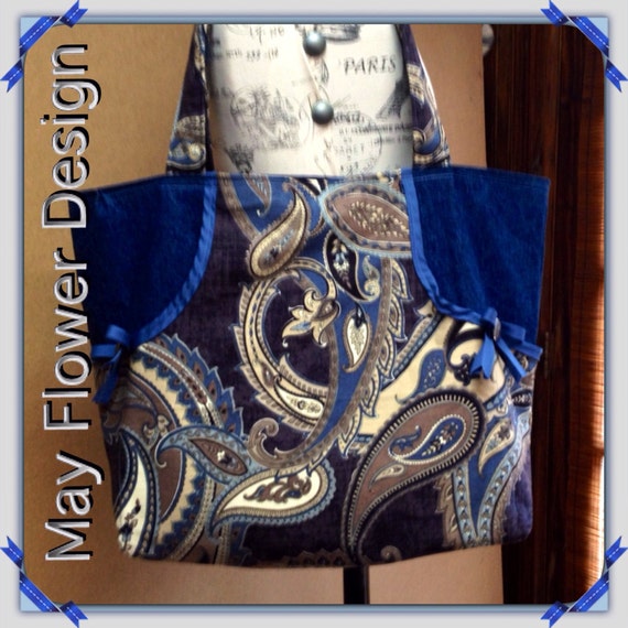 Very Large Denim Tote Bag  Blue Jeans and Paisley Large Tote