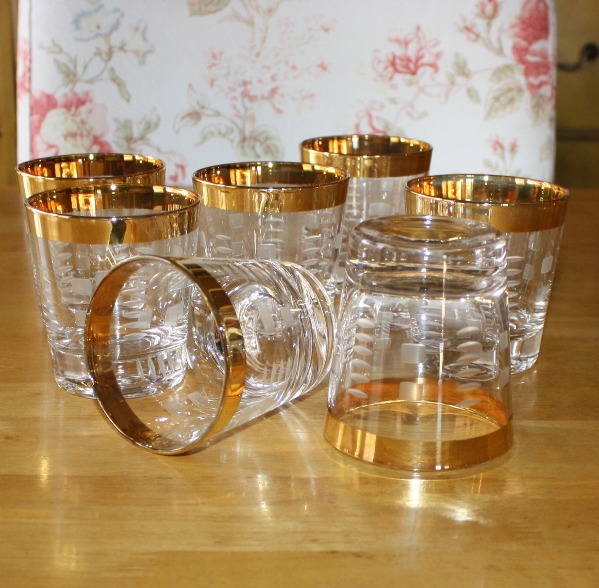 Vintage Royale Crystal Gold Rimmed Etched Rock Glasses Set