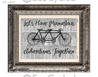 Marvelous Adventures Together Bicycle Built for Two on Vintage Upcycled Dictionary Art Print Book Art Print Wedding Anniversary Love Tandem