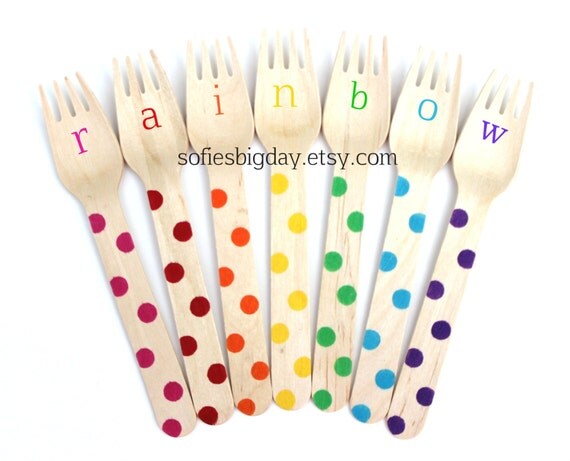 30 Hand Stamped Wooden Forks or Spoons, Rainbow Polka Dot Ice Cream Wooden Spoons, Disposable Wooden Spoons, 30 Count Il_570xn