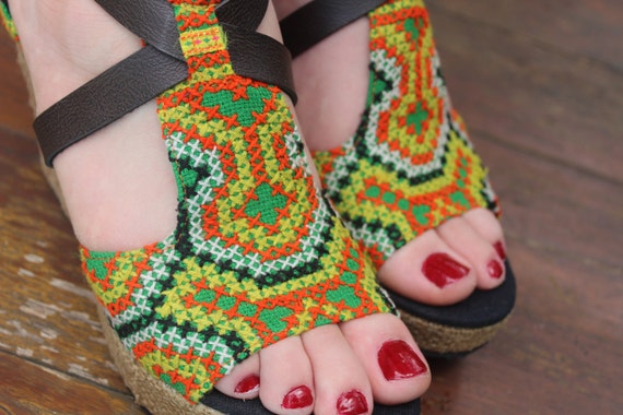 Vegan Womens Ethnic Sandals Colorful Hmong Embroidery Faux