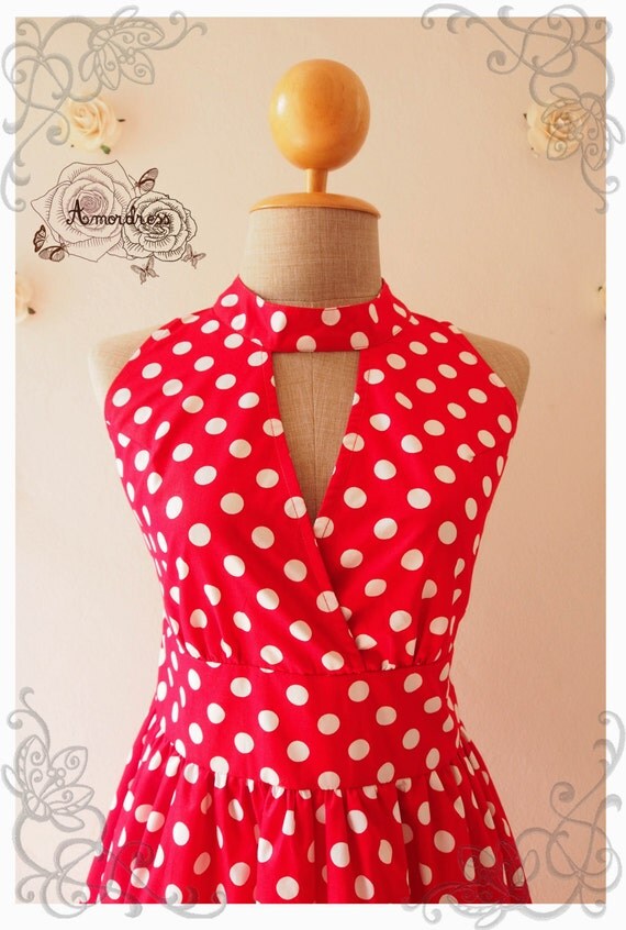 Red Party Dress Polka Dot High Neck Vintage Style Dress Red