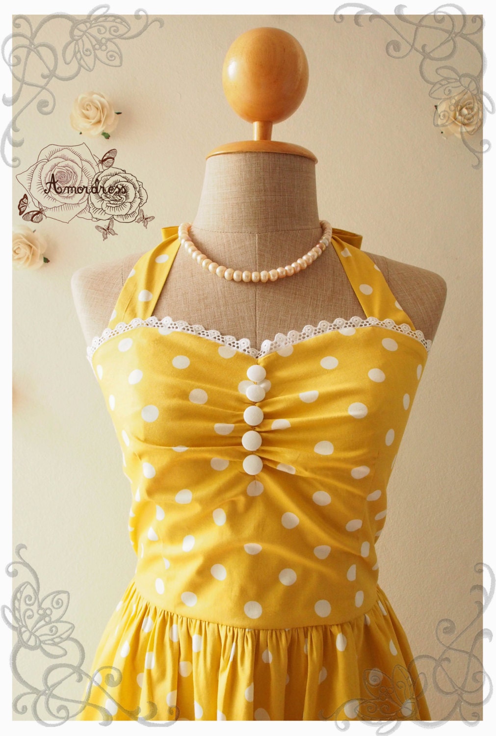 Yellow Dress Yellow Tea Dress Classic Polka Dot by Amordress