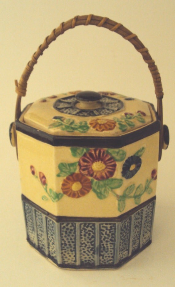 Japanese Ceramic Biscuit Cookie Jar with Rattan Handle