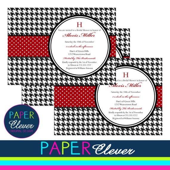 Houndstooth Bridal Shower invitations, red & black - digital file, printable #216 Il_570xn