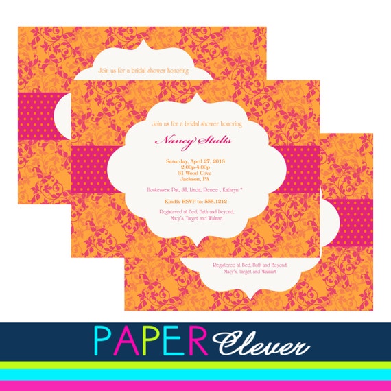 Bridal shower invitation, tangerine & hot pink - printable, digital file #218 Il_570xn