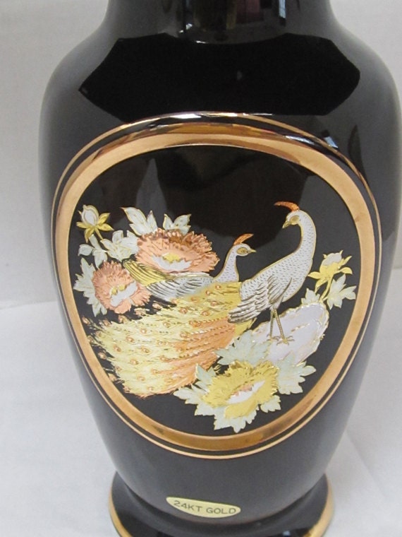 Chokin 24 KT Gold Gilded Black Vase Made in Japan Collectible