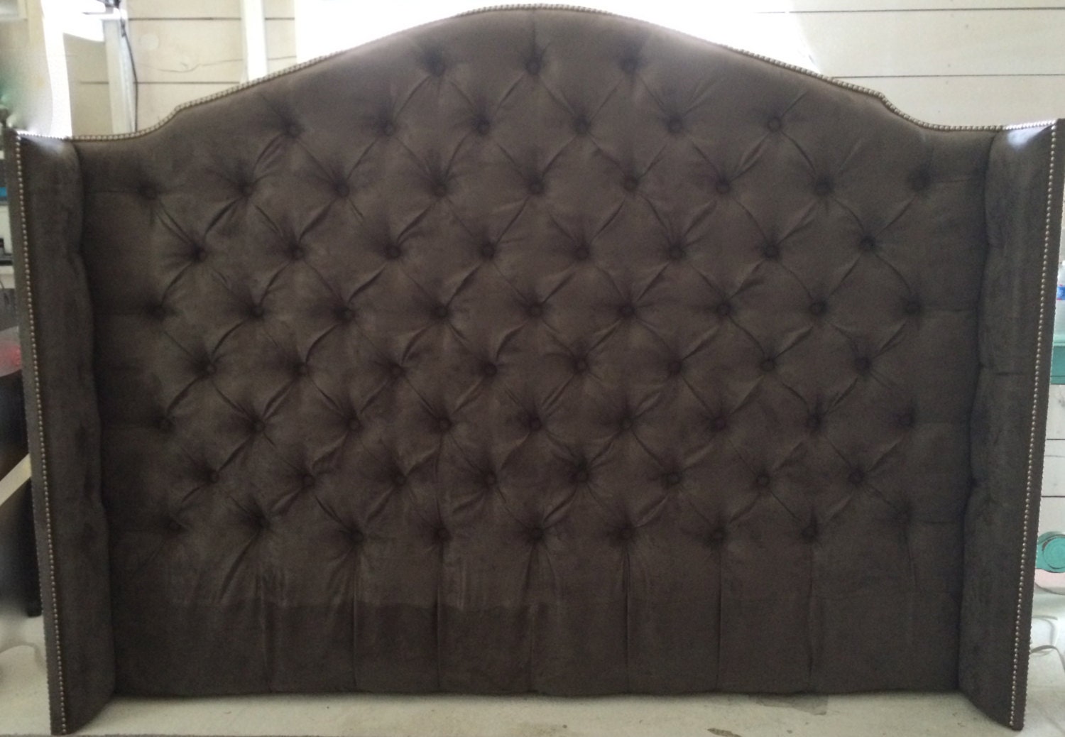 Diamond Tufted Grey Suede Wingback Headboard King Tall 