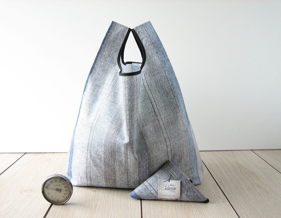 gray stripes tote bag made with cotton / men shopping bag / lunch tote