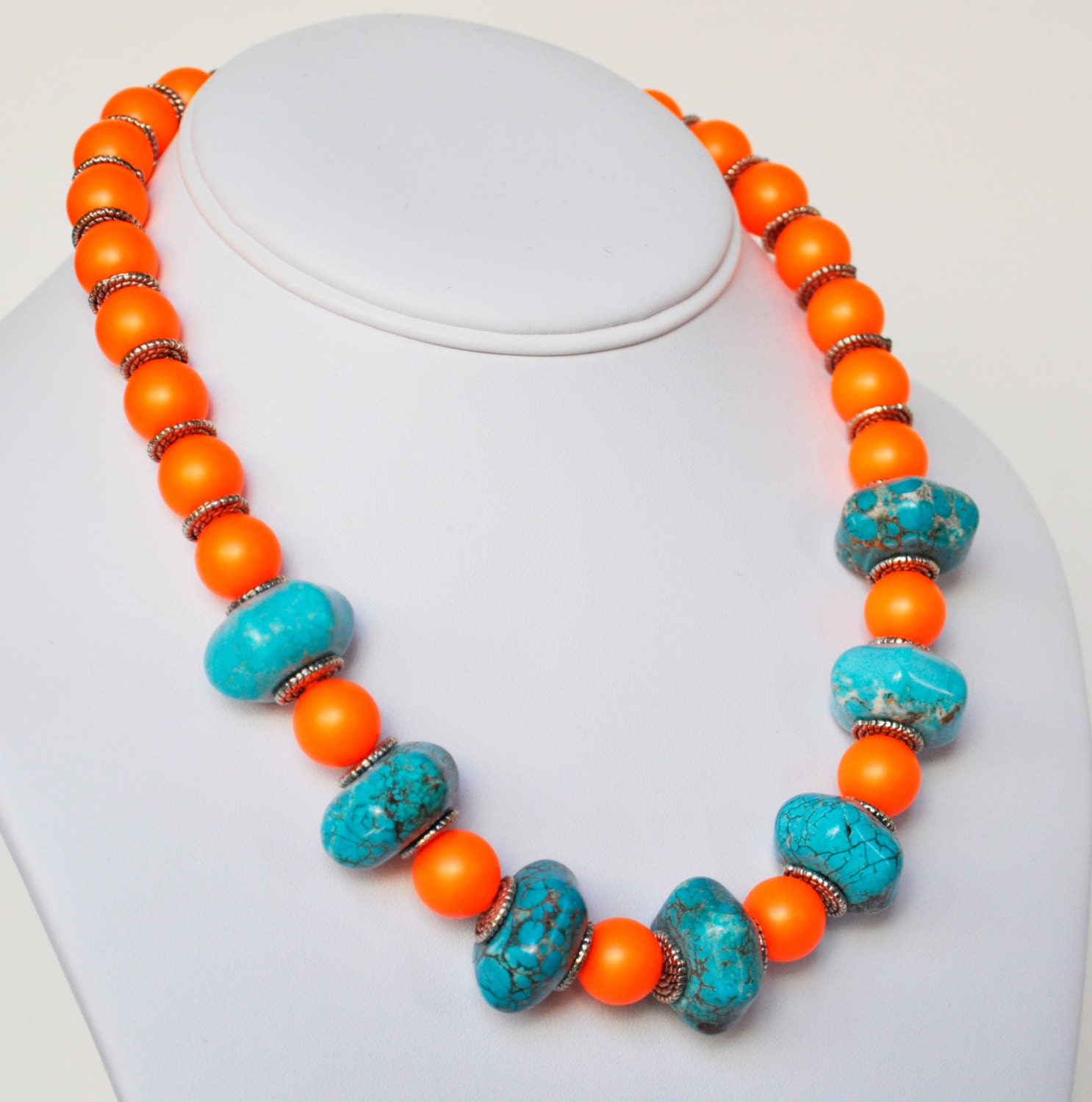 Turquoise Necklace with Orange Pearl Handmade Jewelry in