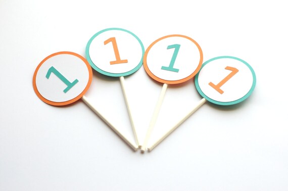 Baby's 1st Birthday Party Decoration Orange and Turquoise Modern Cupcake Topper Il_570xn