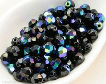 Black Fire Polished Beads, 6mm Czech Faceted Glass (35)