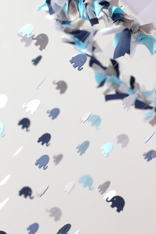 Elephant Nursery Mobile in Navy Baby Blue Gray & White