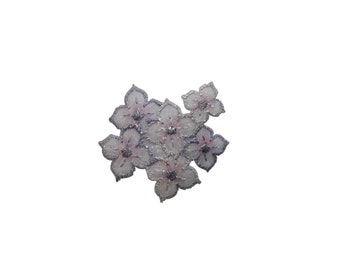 ID #6510 Glittery Silver White Pink Flowers Iron On Embroidered Patch Applique