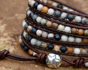 Leather wrap bracelet - warm neutral tones, stack bracelet, five wrap bracelet, gift by mollymoojewels