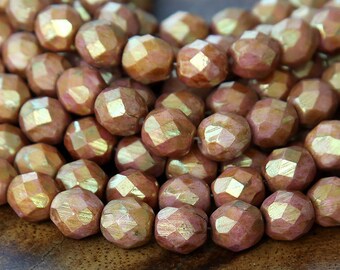 Opaque Rose Gold Topaz Luster Czech Glass Beads, 8mm Faceted Round - 25 pcs - eP65491-8