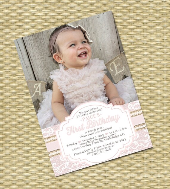 1st Birthday Invitation Burlap Lace Pearls First 1st Birthday Invitation Burlap Lace Pearls First