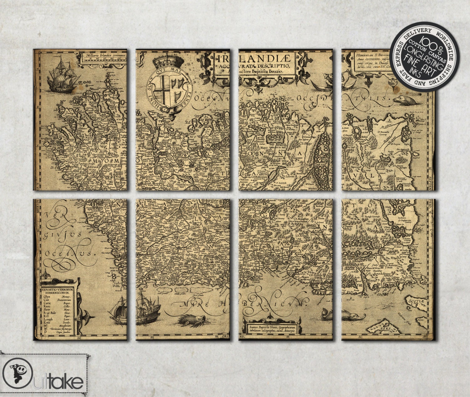 LARGE Vintage wall map of Ireland 8 panel canvas set ready