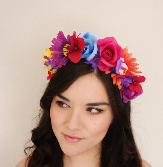 Items similar to Mexican Rose Flower Crown, Purple, Pink, Blue, Orange