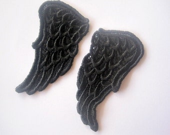 Angel Wings Venice Lace Applique, Black, x 2, For Bridal, Romantic, Victorian, Gothic Projects