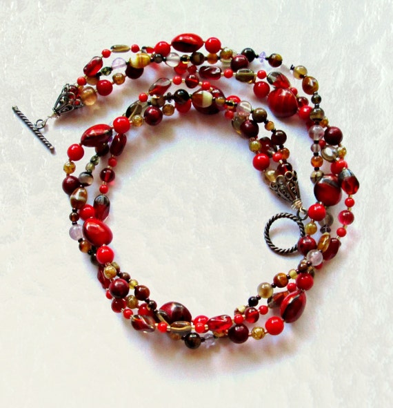 Multi-Strand Red and Brown Beaded Necklace 19 by maggiesbeadery