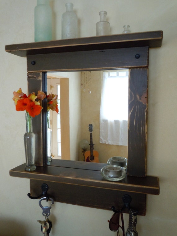 Craftsman Style Mirror with Shelves and Hooks in Chocolate - EXPEDITED