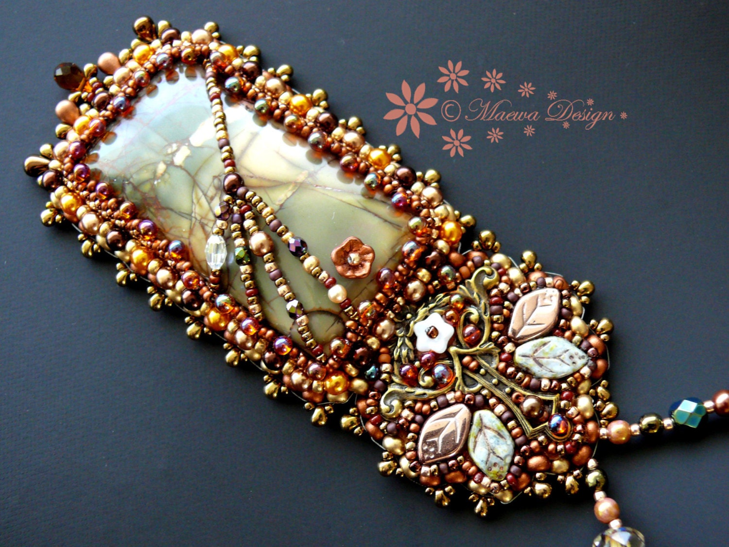 Bead embroidered Pendant necklace Early Spring by MaewaDesign